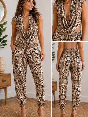 Bebe Animal Print 2 Piece Set Cowl Neck Bodysuit Jogger Pants Sexy Lounge Set XL